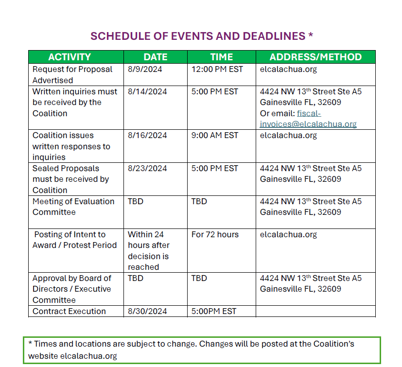 Schedule of Events and Deadlines